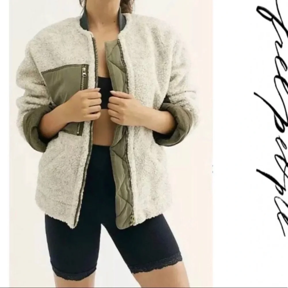 FREE People Large Riverton olive & cream Sherpa jacket